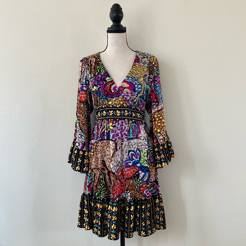 BETSY JOHNSON | Boho 🌸 multicolor Angel Wing Bell Sleeve Mini Dress size 8
